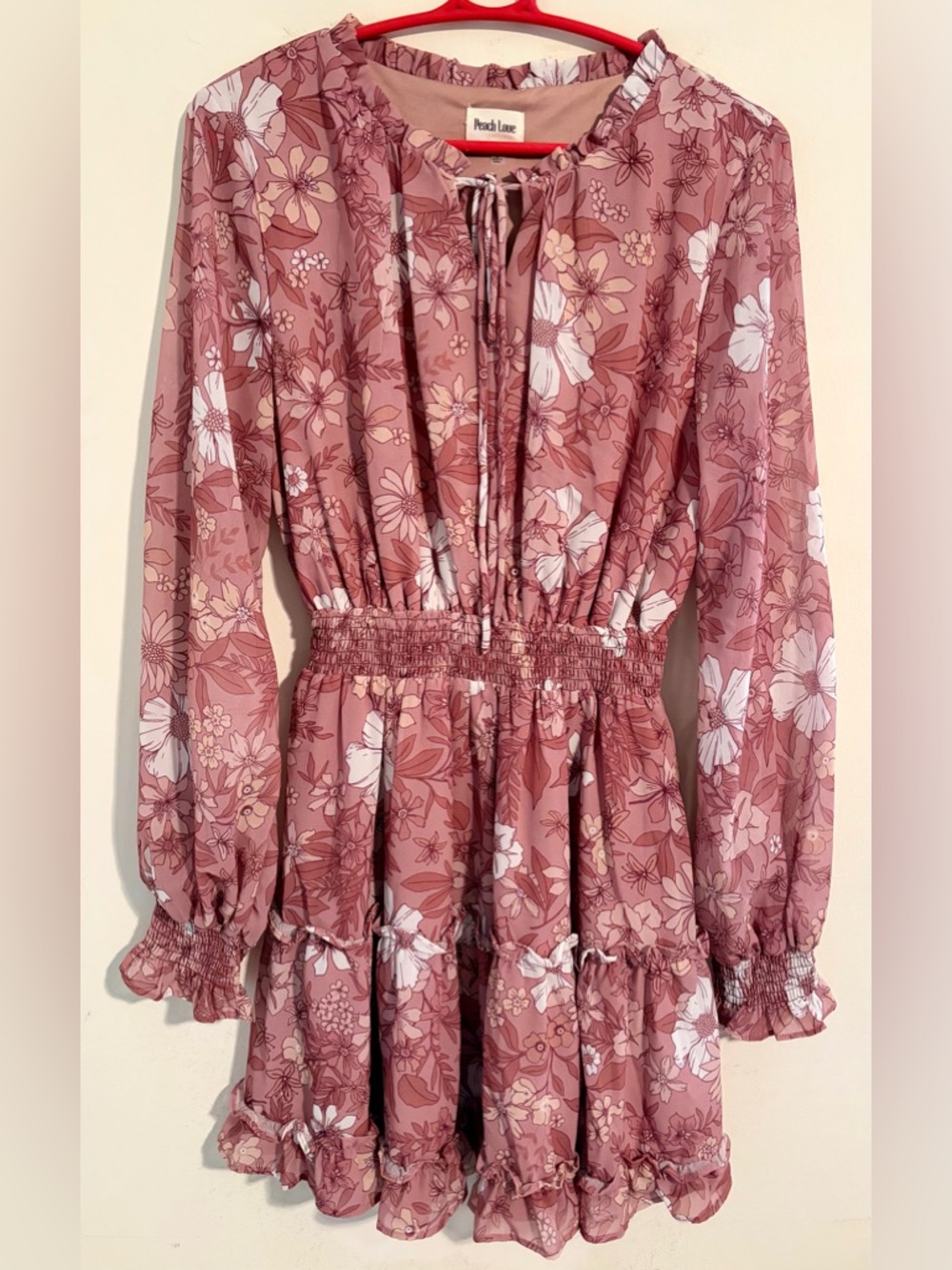 Peach Love California Floral Tie-Neck Elastic Waist Dress in Dusty Rose Sz Large